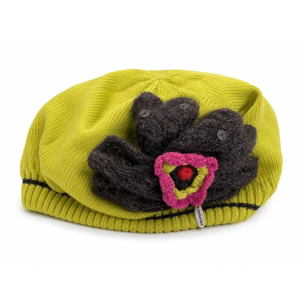 Vintage Catimini Girls Knit Beret Hat T3 Lime Green Floral Applique NWT